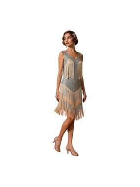RRYIO Blue Gold Fringe Sequin Flapper Dress Size Small
